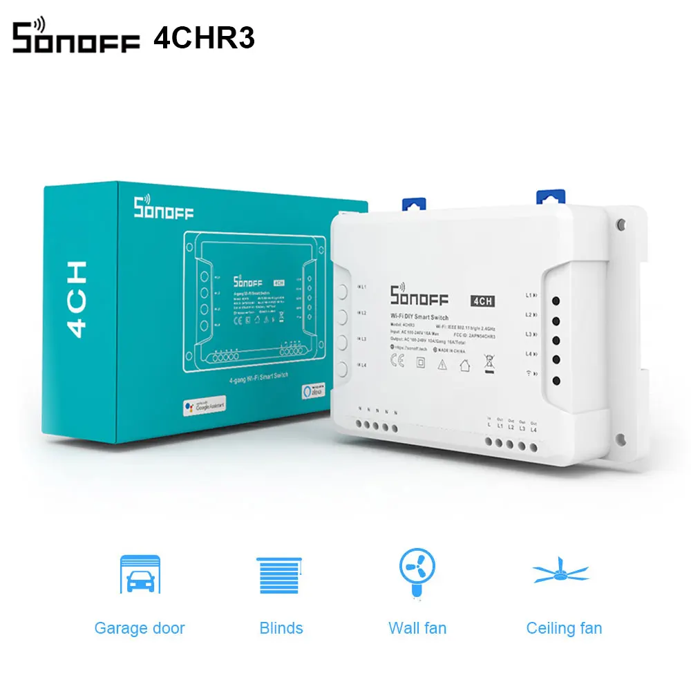 

Sonoff 4CH R3, Smart Home Automation Module Din Rail Mounting Wireless WiFi Remote Control Smart Switch Work with Alexa Google