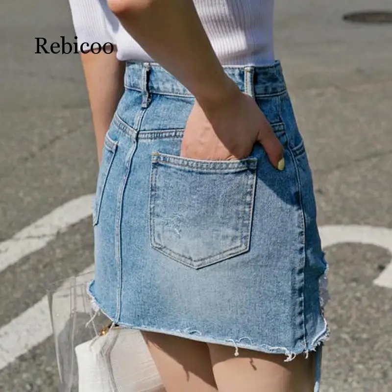 Casual Irregular High Waist Denim Skirt Light Wash Women Ripped Mini Skirt Female mini saia mujer  Summer