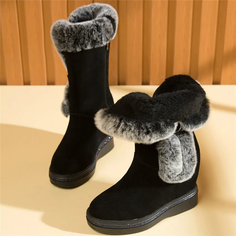 High Top Creepers Women Genuine Leather Wedges High Heel Ankle Boots Female Winter Warm Rabbit Fur Platform Pumps Casual Shoes