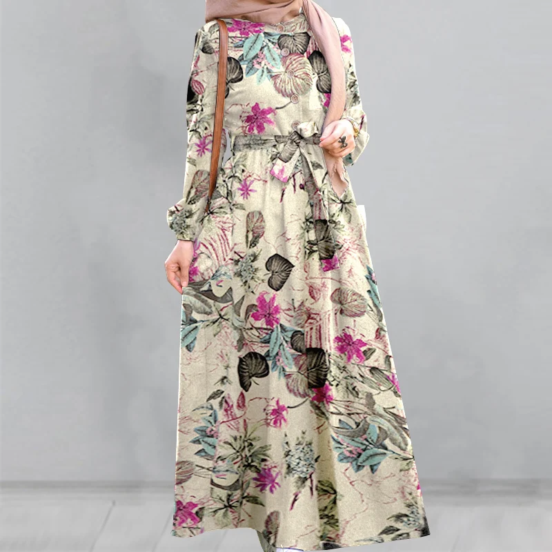 

Vintage Floral Print Muslim Dresses Casual Retro Loose Women Maxi Dress Female Long Sleeve Robe With Belted Musulman Long Dress