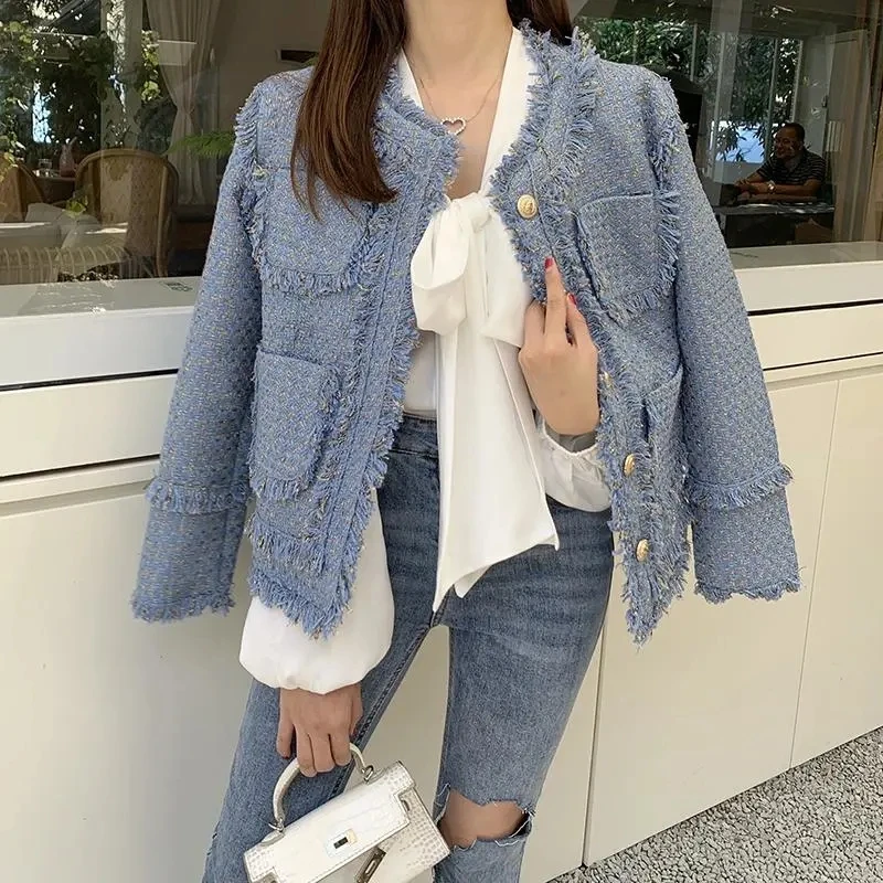 Chic Women\'s Winter Tweed Fringe Beaded Jacket High Quality Female Blue Woolen Coat