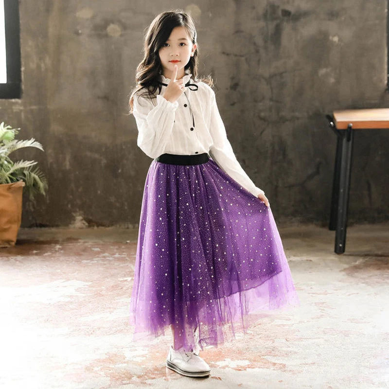 Girls Mesh Skirts 2022 New Summer Children\'s Clothes Kids Galaxy Star Pleated Skirts for Teenage Girls Long Tulle Skirts Falda