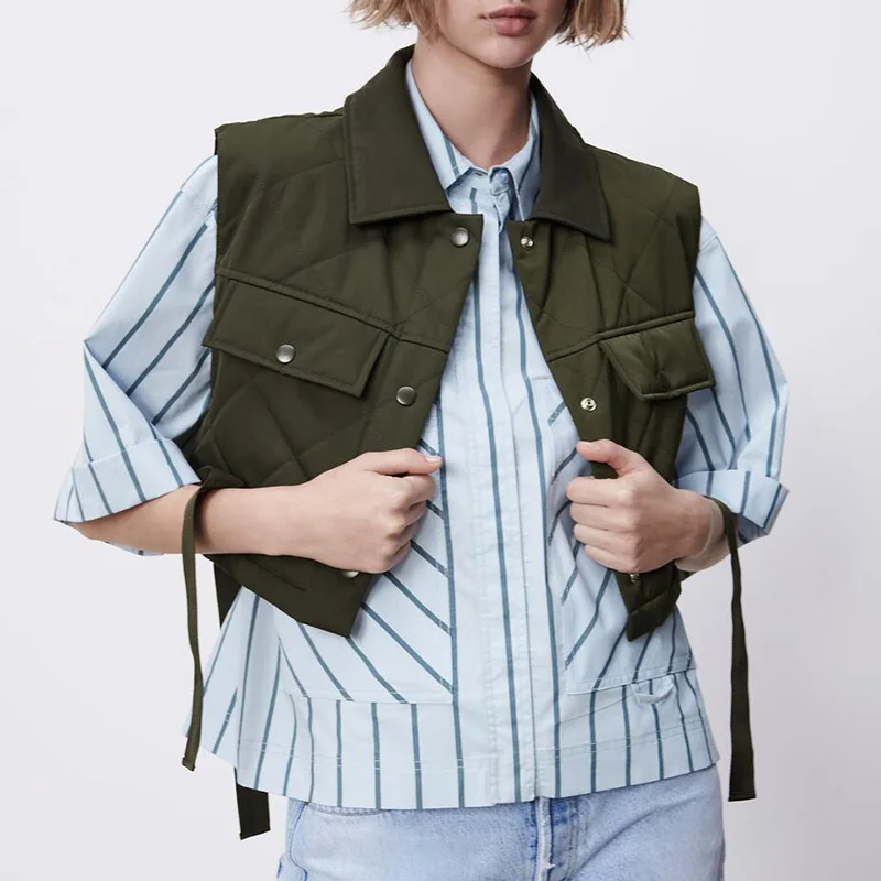 

Trendy Single Breasted Vests Women Vogue Army Green High Waisted Turn Down Collar Coats Women Elegant Argyle Vest Female Ladies