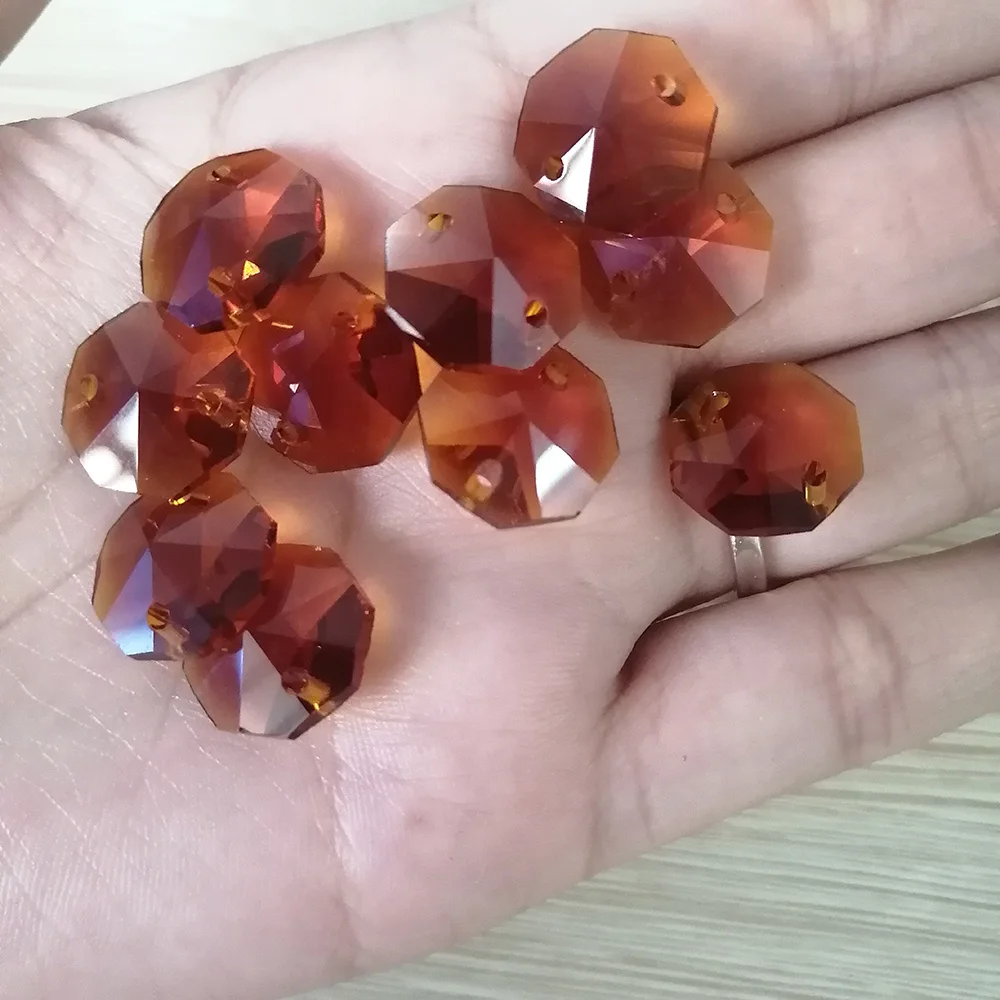 Camal 20pcs Amber 14mm Crystal Octagonal Loose Bead Two Holes Prisms Chandelier Lamp Parts Wedding Centerpiece