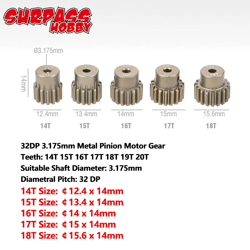 5PCS 32DP 48DP 64DP M0.6 3.175mm Metalen Aluminium Rondsel Motor Gear Set 12 T-50 T voor 1/10 RC Auto Vrachtwagen Buggy Auto