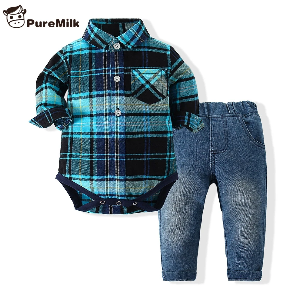 Newborn clothes plaid shirt with jeans blue color bebes clothing set 2pcs/set hot sale chlild clothing set