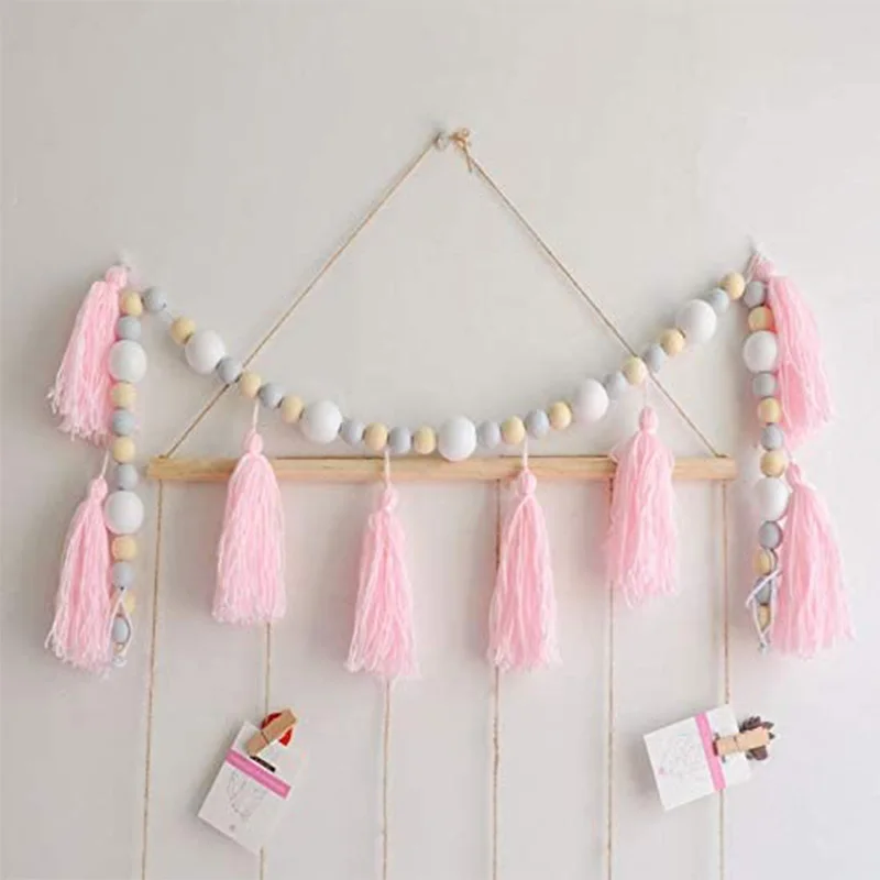 150CM Macrame Garland Baby Bedroom Tent Bed Wall Decorations Wood Beads Tassel Pendant Children Nursery Room Scandinavian Decor