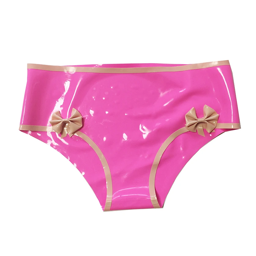 Sexy Pink Women Latex Rubber Shorts Cute Panties Knickers With Bow-knots Plus Size XXXL Handmade RPW066