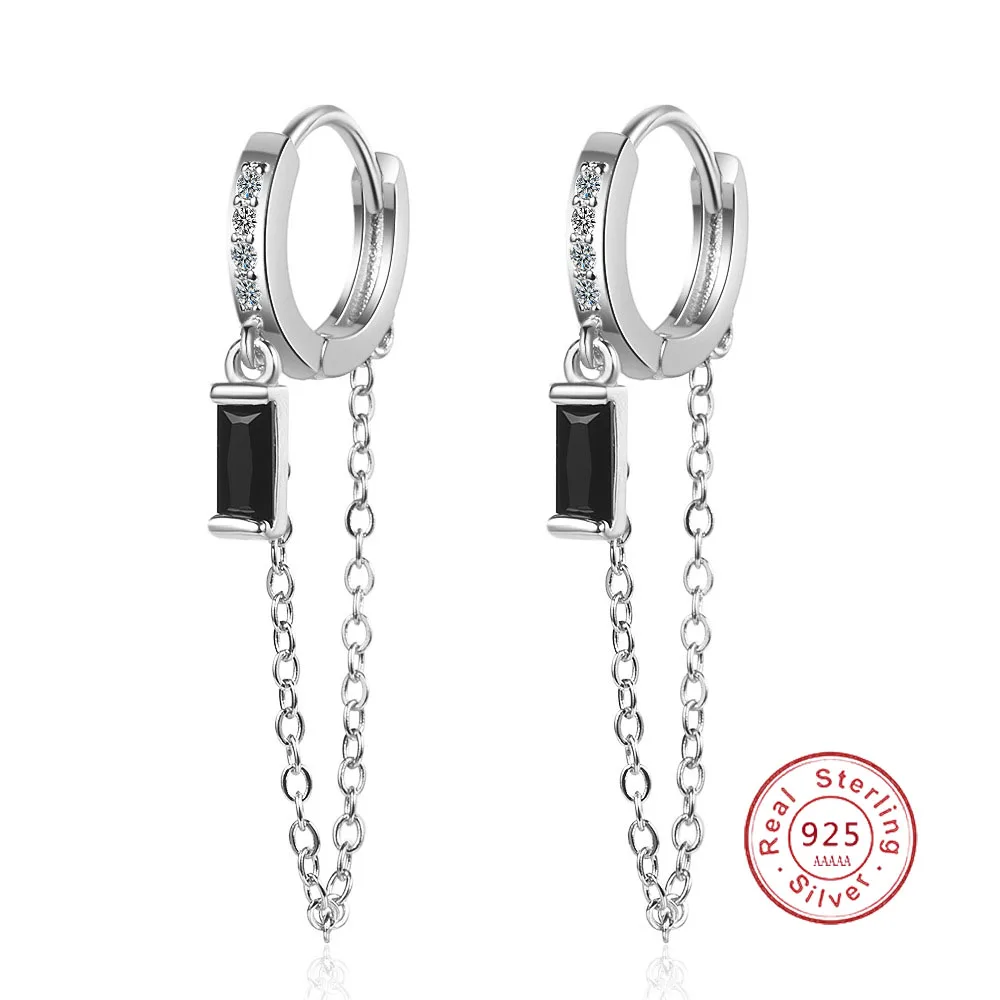 

2PC Black Stone Ear Hole Cubic Zircon Stud Earring Tassels 925 Silver Needle Ear Jewelry For Women Party Gift