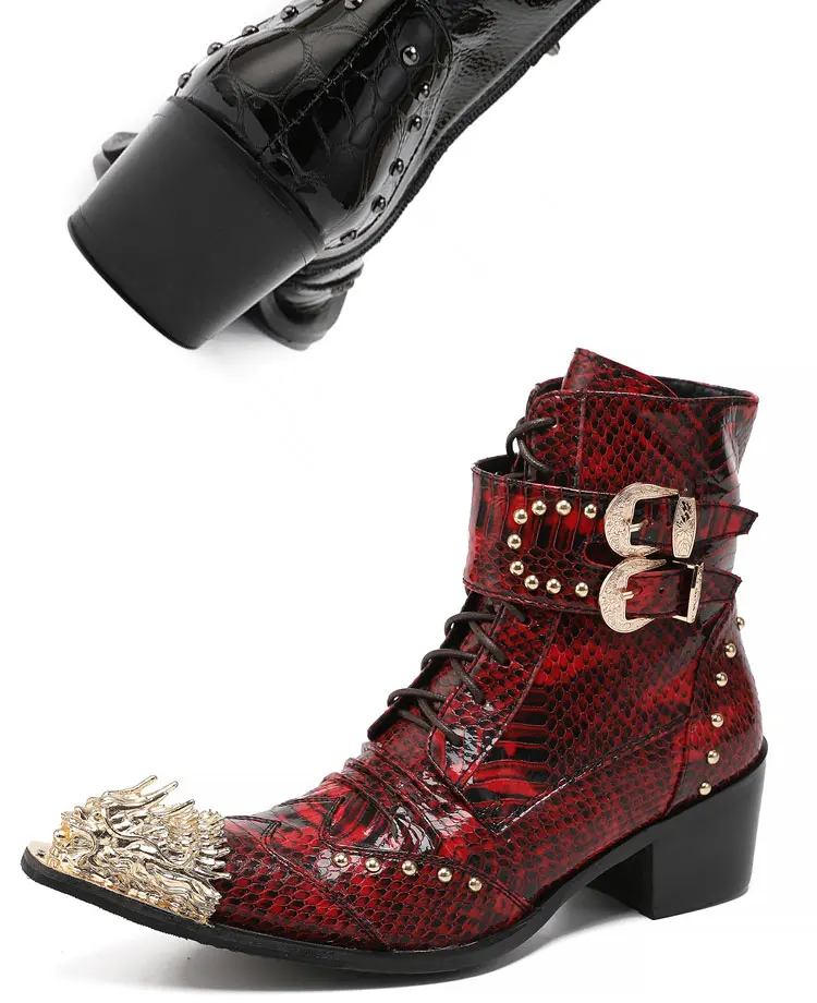 Herren Maßgefertigte Schlangenleder-Stiefel mit Nieten, Mittelhoch, Spitze Zehenkappe, Luxuriöser Singer-Modell-Stil, Bar-Party, Persönlichkeit, Herbstschuhe – Detail 7
