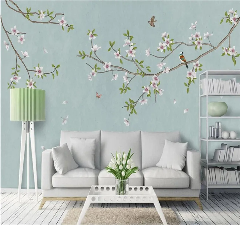 

Custom mural wallpaper home decoration painting white magnolia new Chinese style hand-painted flowers and birds background wall