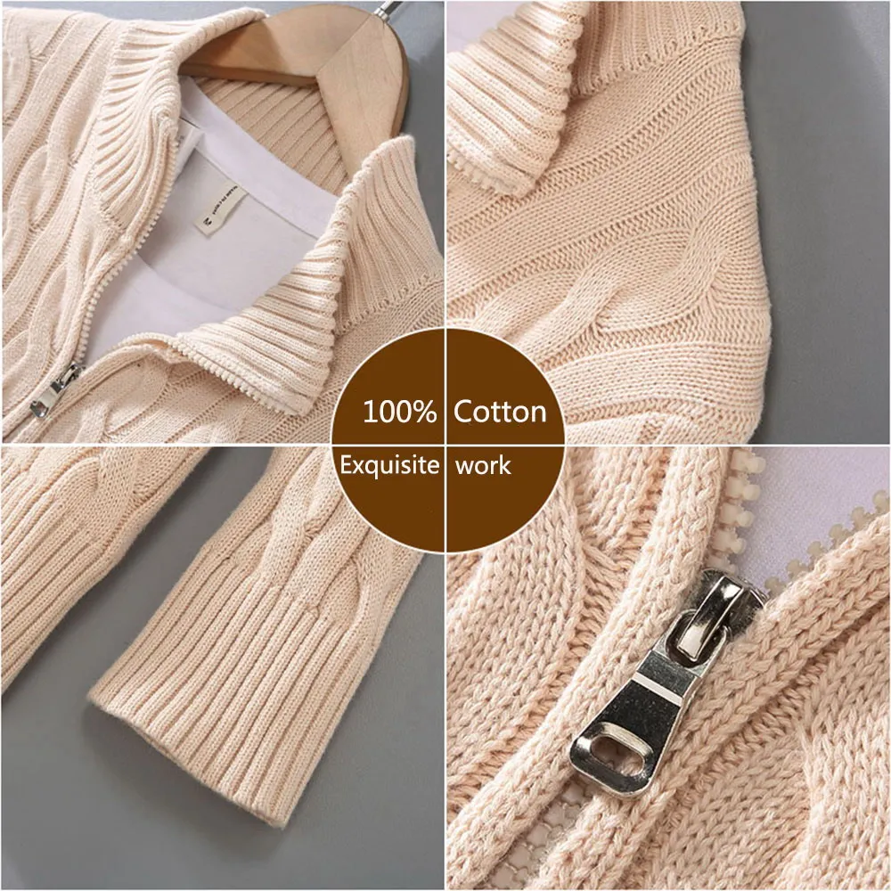 High Quality Same Brand Men\'s Autumn Winter Cable 100% Cotton Knit Sweaters Zipper Mock Neck Pullovers Pull Homme 8509