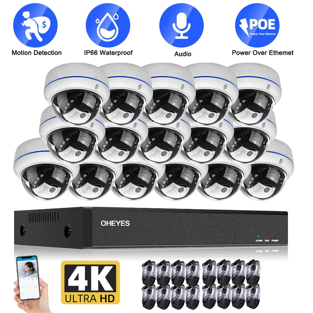 4K 16 قناة CCTV فيديو طقم مراقبة 8MP 8CH POE طقم NVR في الهواء الطلق للماء POE كاميرا أمنية على شكل قبة IP نظام مجموعة 16CH P2P