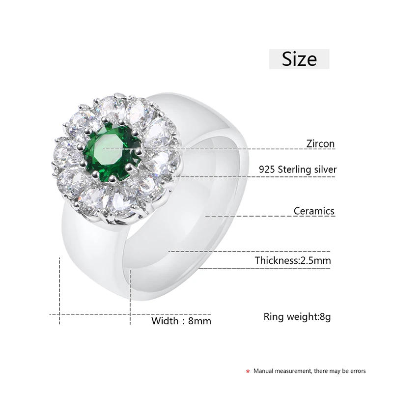 Luxury Real Solid 925 Sterling Silver Ring 8mm Ceramic Rings Green White Zircon Wedding Jewelry Rings Engagement For Women