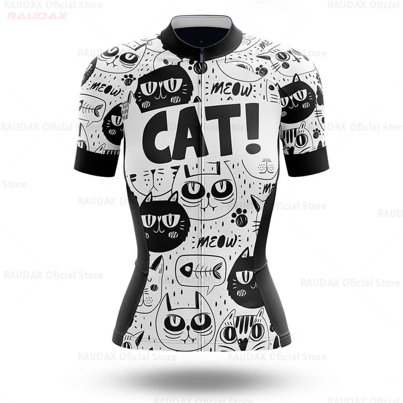 Cycling Clothing Breathable Woman White Cartoon Cat Cycling Jersey Summer Anti-Pilling Bike Clothing Top Road Team Bicycle Shirt