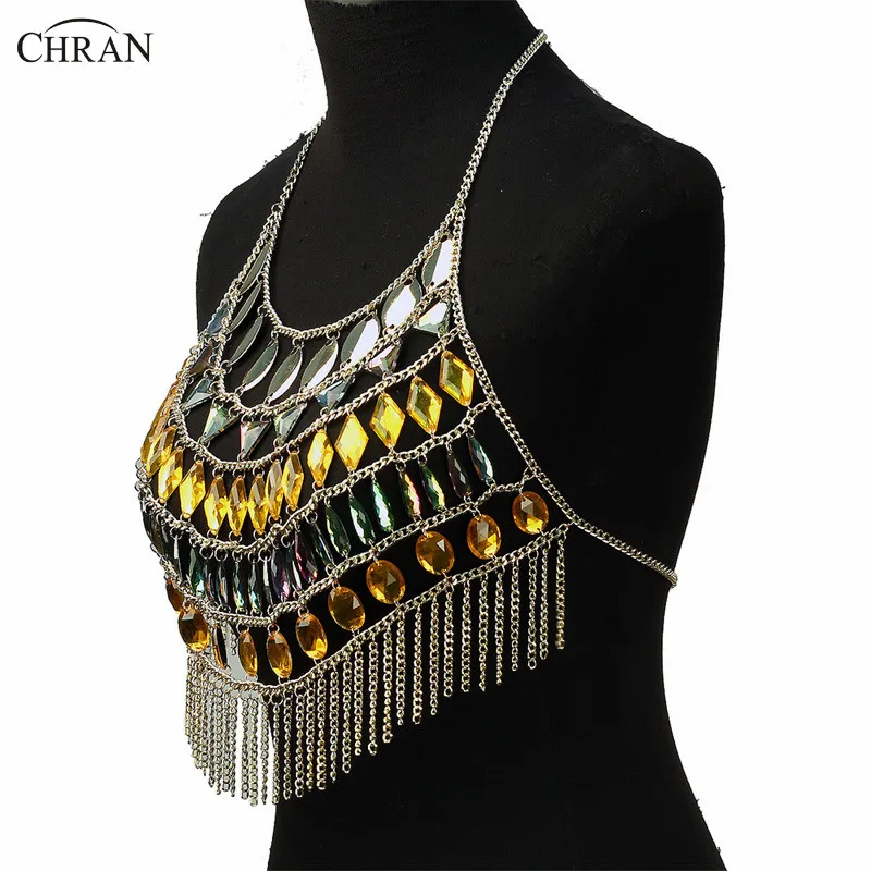 Chran Women Sexy Sparkly Crop Top Summer Exotic Tassel Necklace Beach Vest Bra Bralette Gem Mirror Festival Wear Jewelry