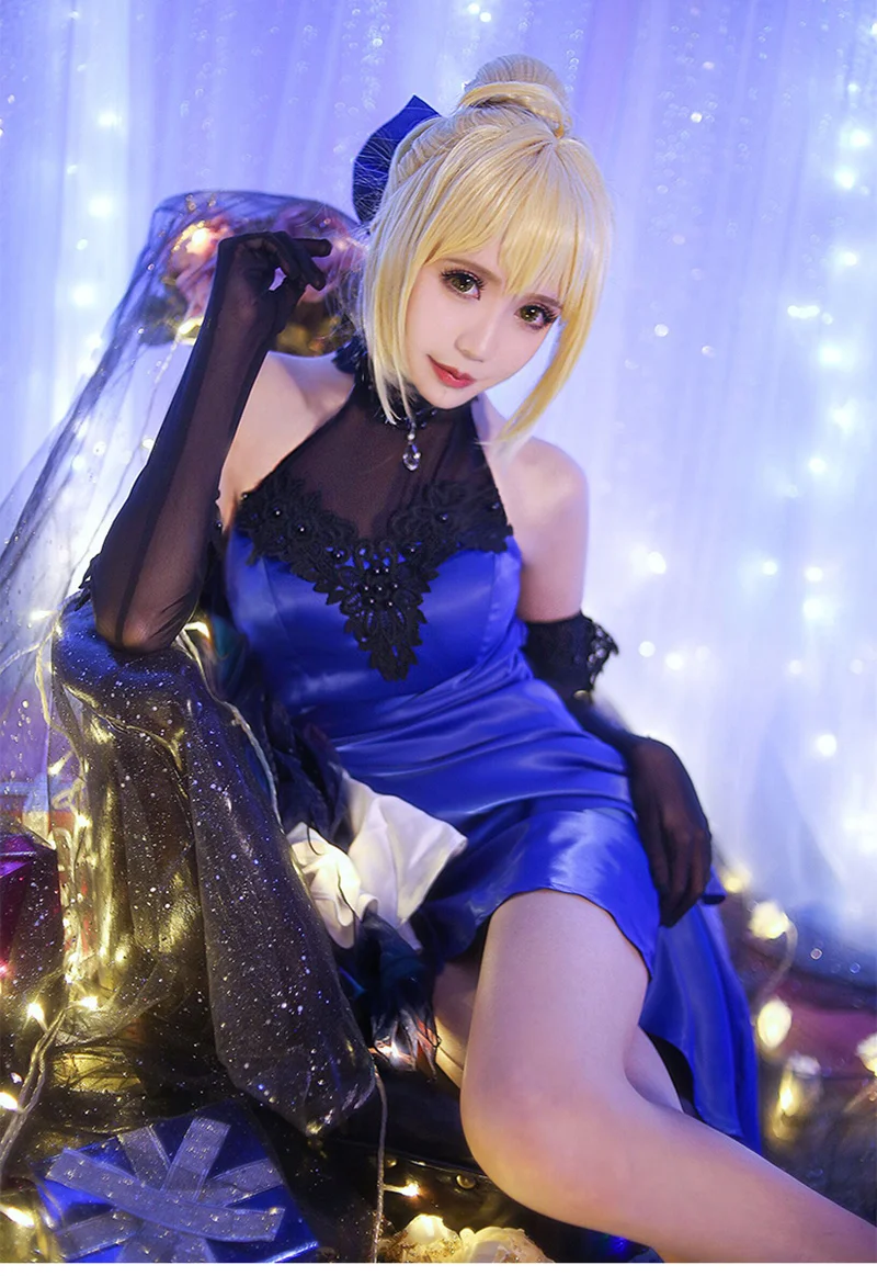 Fgo fate/sabre extella cosplay trajes halloween carnaval festa vestido completo azul sexy sem mangas peito formal vestido feito sob encomenda