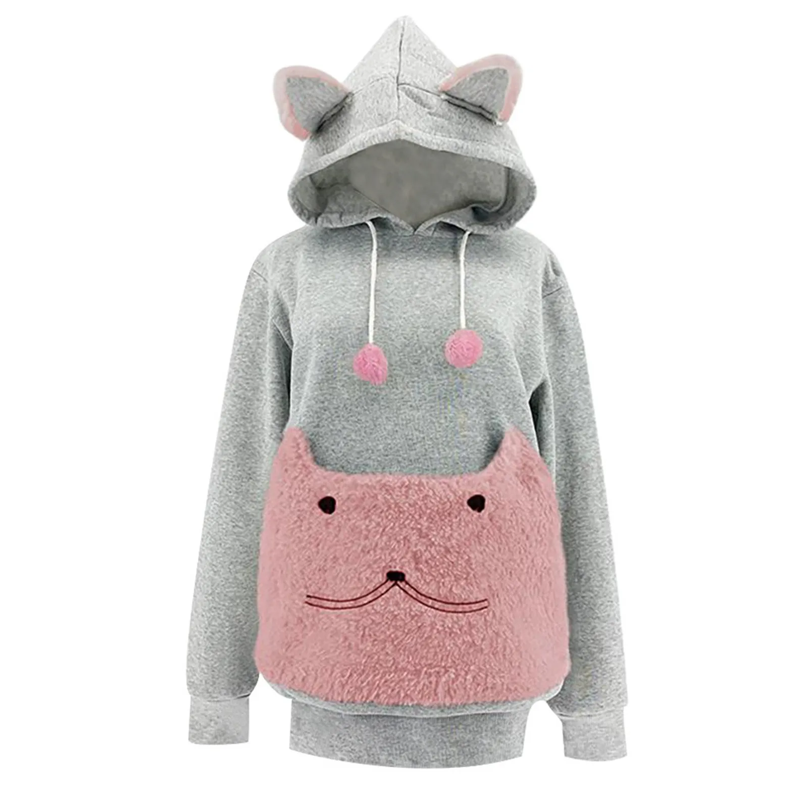 Pet Hoodies Womens Sweatshirts Big Animal Pouch Kawaii Cat Ear Fur Ball Long Sleeve Hooded Girls Pullover Female Tops Blouse