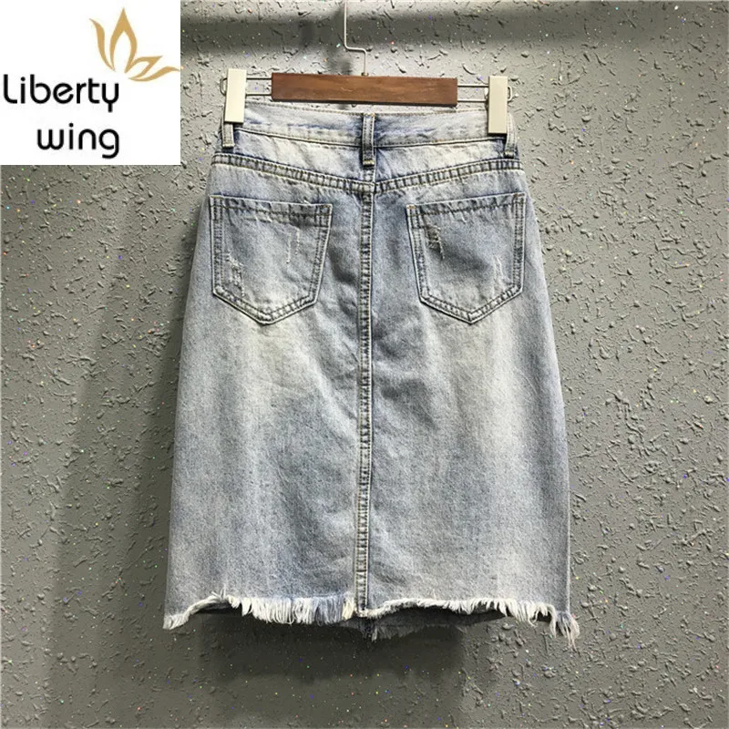 Sequin Skirts Women Summer Korean Fashion Hole Ripped Straight Knee-Length Jeans Faldas Vintage Slim Fit Denim Skirt Woman