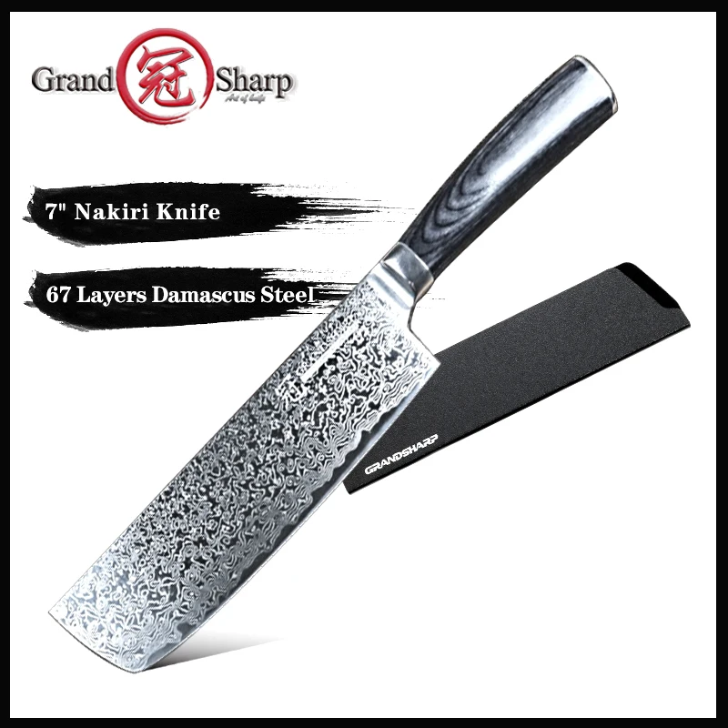 

Grandsharp 7 Inch Nakiri Kitchen Knives 67 Layers vg10 Damascus Steel Chef Knife Pakka Handle Dealing with Meat Fruit Vegetable