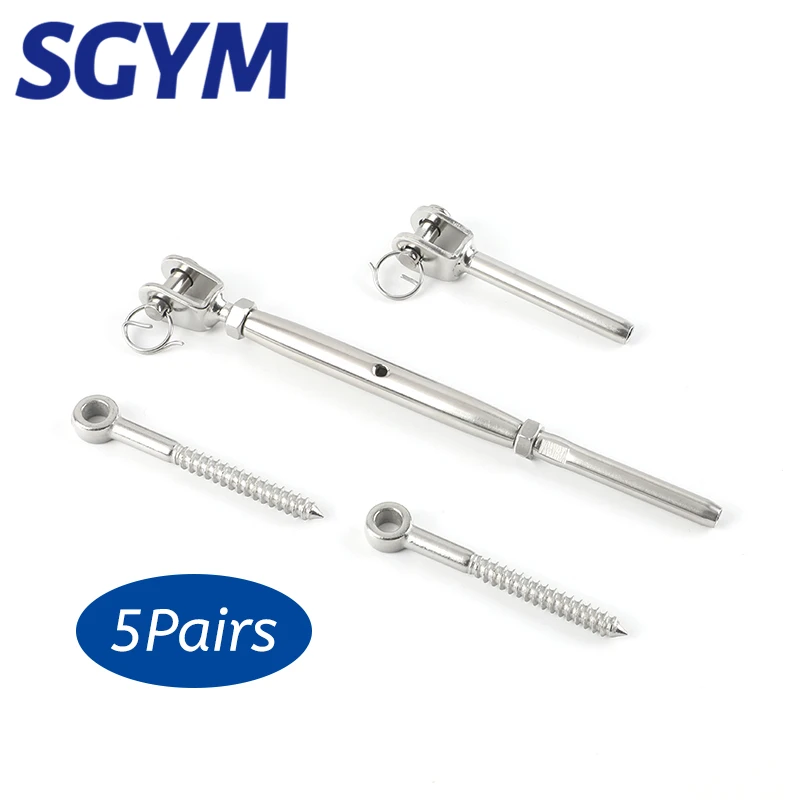 

5Pairs Stainless Steel Cable Railing Kits for 1/8" Cable Jaw Swage Stud Turnbuckle Fork Terminal Lag Screw Eye