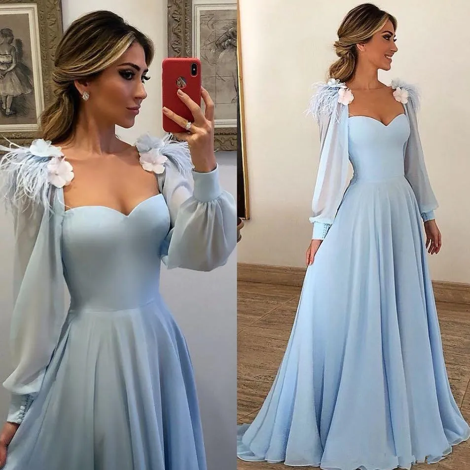 Sky Blue Long Sleeves Mother of Bride Dresses 2019 Formal Evening Gowns A Line Square Neckline Flower Chiffon Long prom gown