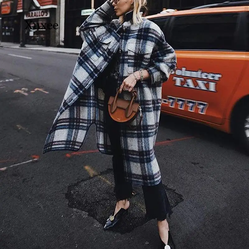 

Women's Winter Wool Overcoat with Plaid Print Retro Warmth Thickening Long Korean Jacket