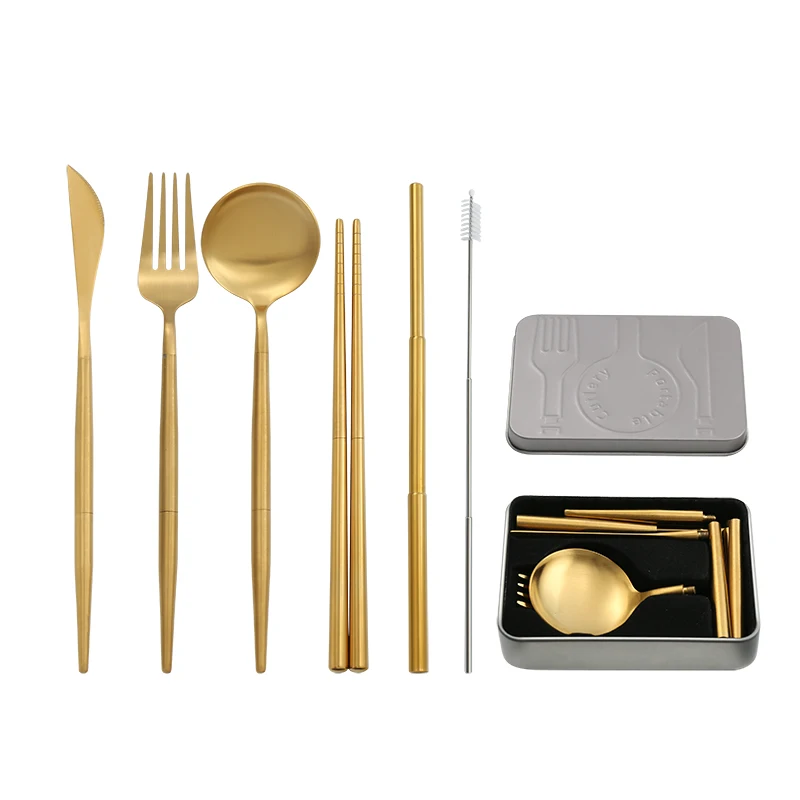 Portable Stainless Steel 304 Detachable Tableware Set Luxury Western Flatware Camping Cutlery Gold Silverware Gift Medal Case