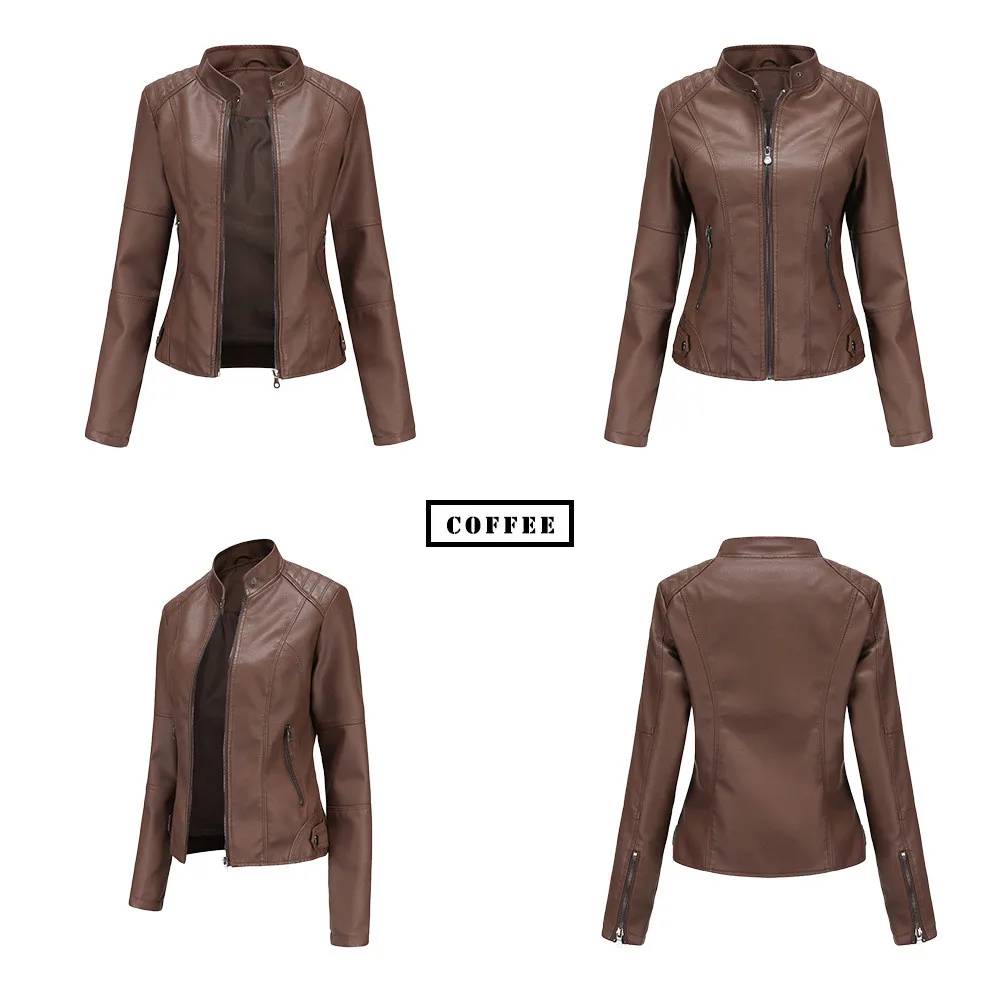 Women Leather Jacket Autumn Thin Ladies Motorcycle Jacket PU Leather Jacket Stand Collar Female Black Faux Leather Outwear