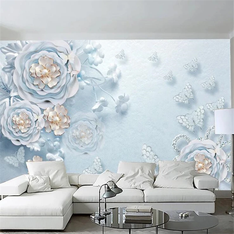 

beibehang Custom wallpaper 3D fantasy blue modern embossed jewelry floral butterfly background wall 5d living room wallpaper 8d