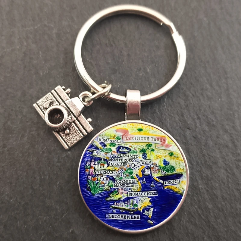 Charm 25MM Keychain Europe Mediterranean Greece Spain France Glass Drawing Keychain Men and Women Jewelry Gifts