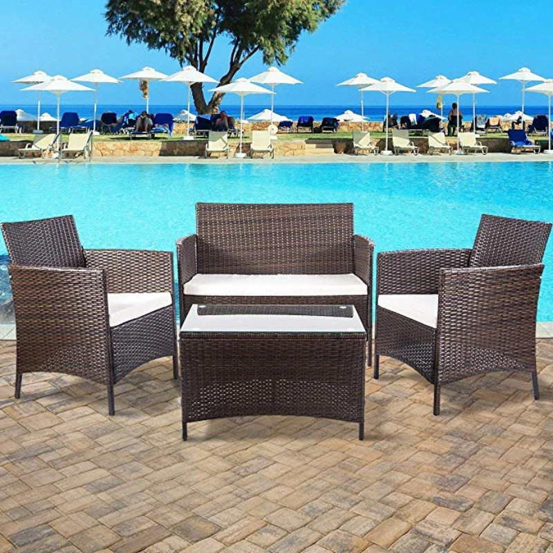 Outdoor Furniture Set 4 Piece Rattan Sofa Seating Group with Cushions for Garden Patio Terrace 2 Colors[US-Depot]