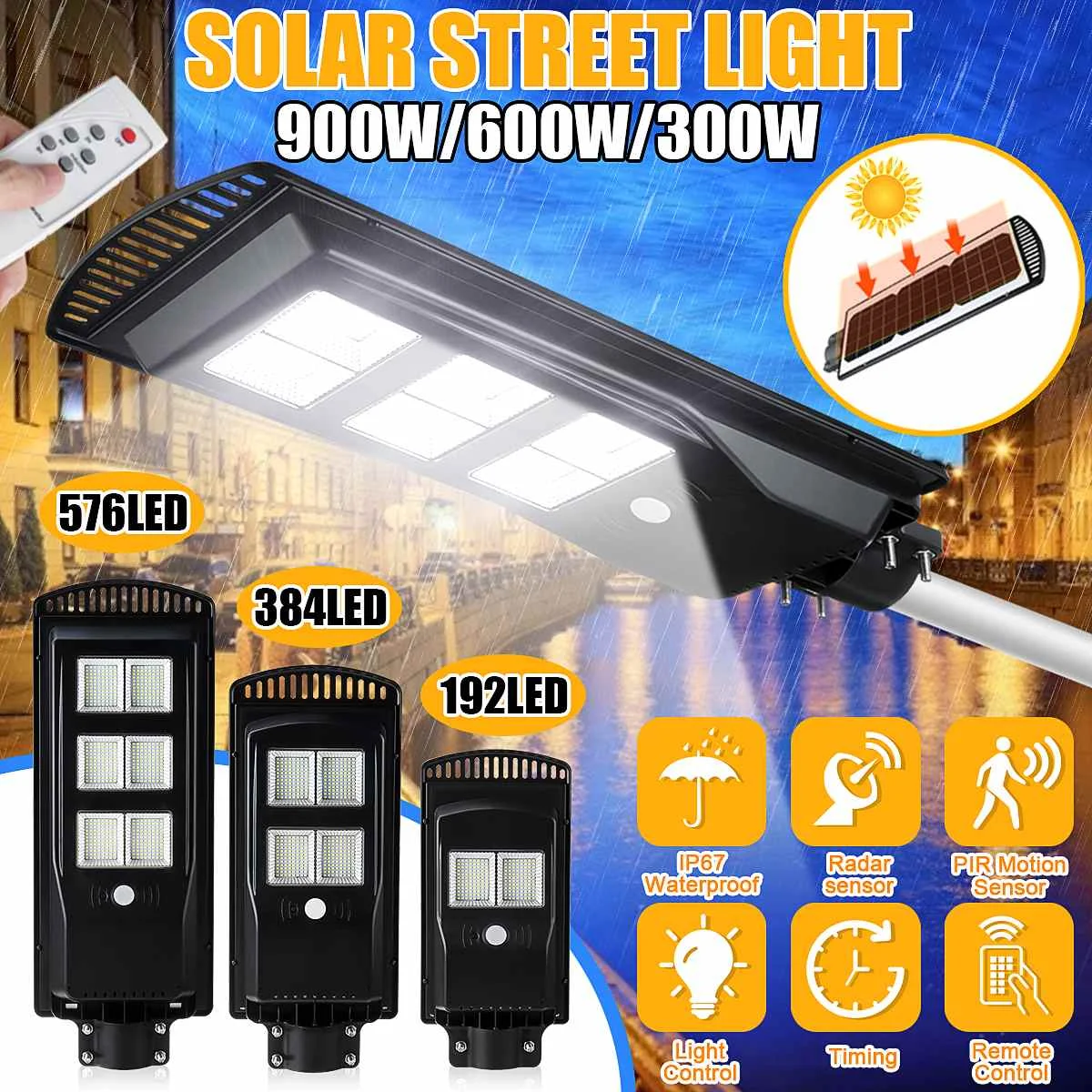 300W 600W 900W LED Solar Street Light PIR Motion Sensor Wtaerproof IP65 Black LED Remote Control Outdoor Garden Wall Lamp