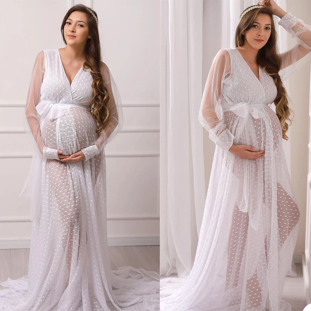 

Maternity Sleepwear Long Sleeves Lace Applique Ladies Dress Belts Sheer Floor Length Customize Party Gown