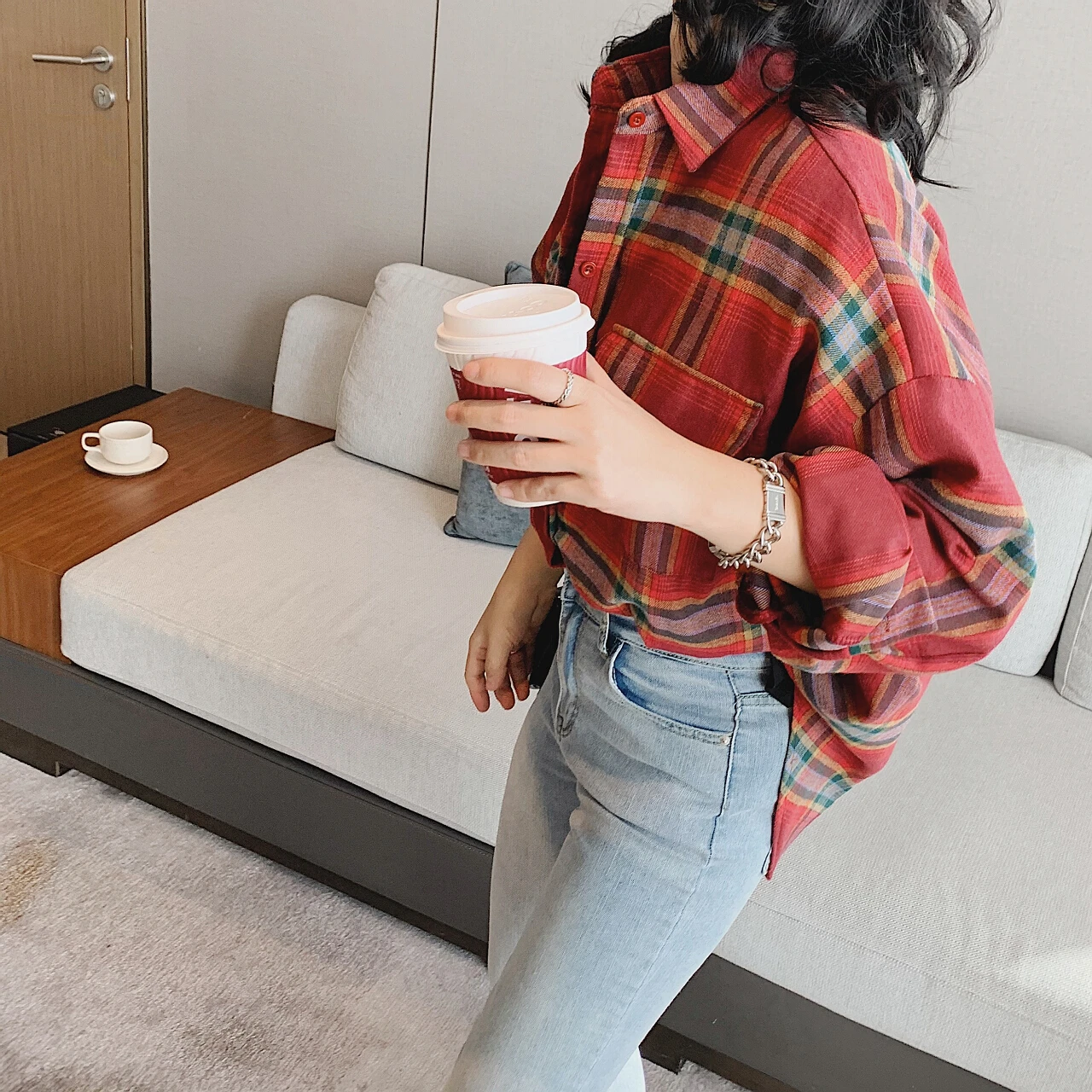 2023 Women Red Plaid Checkered Shirt Blouse Top New Woman Sweater Clothing Elegant Tunic Dress Oversize Long Sleeve Korean Sprin