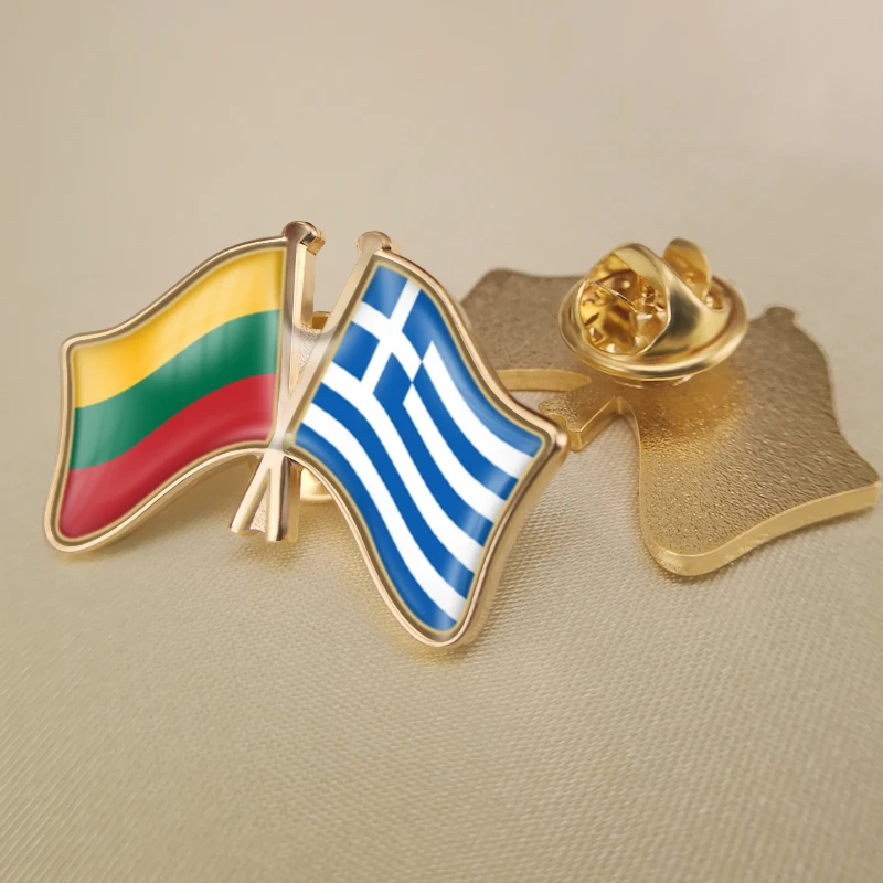 Greece and Lithuania Crossed Double Friendship Flags Lapel Pins Brooch Badges