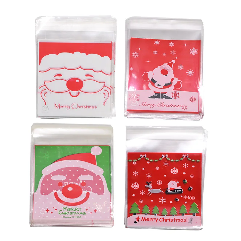 50pcs 10*10cm Christmas Cartoon Candy Bags Self-adhesive Plastic Cookie Bag Xmas New Year Snack Package Gift Bags Kids Favors