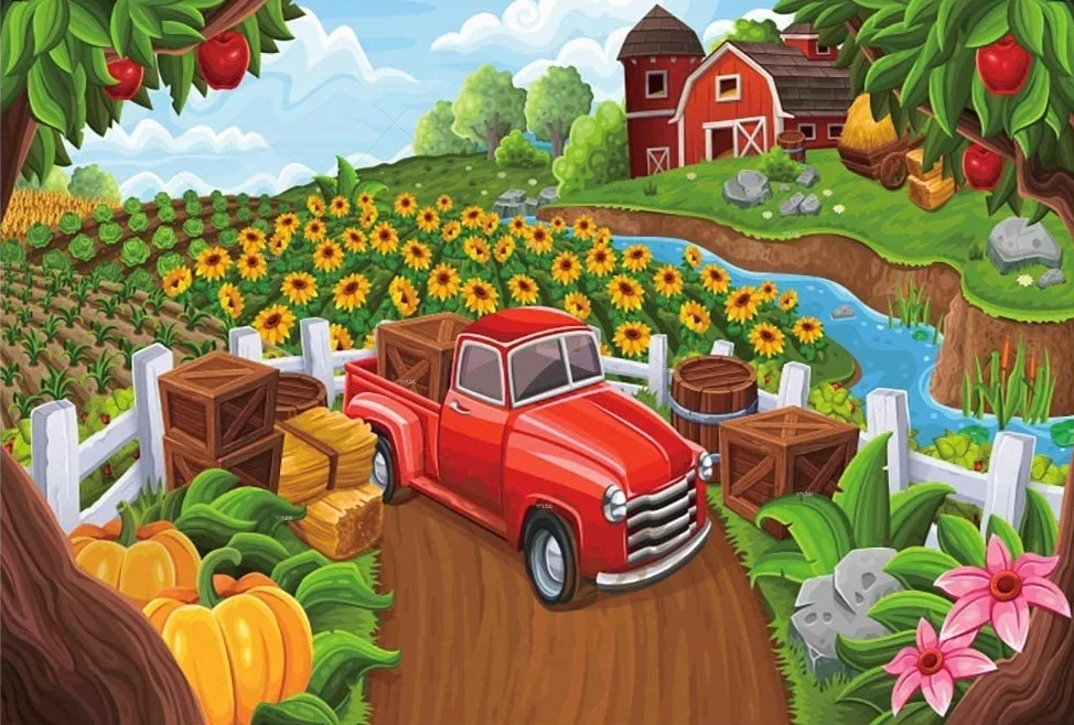 Fall Harvest Pumpkin Maple Leaves Backdrop Autumn Field Sunflowers Red Truck Thanksgiving Photo Background Photography Backdrops