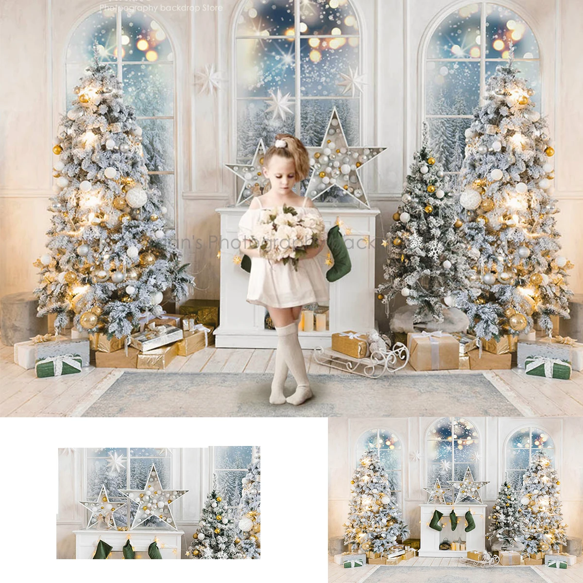 

Christmas Backdrop Kids Photocall Trees Glitter Stars Snowflake Window Forest Decor Child Baby Photostudio Fireplace Background