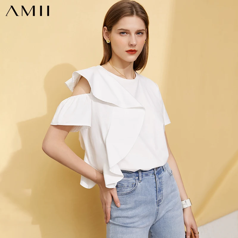 

Amii Minimalism Summer Fashion Tshirt For Women Streetwear Solid Oneck Ruff Sleeve Women's Blouse Causal Women's Tops 12180031