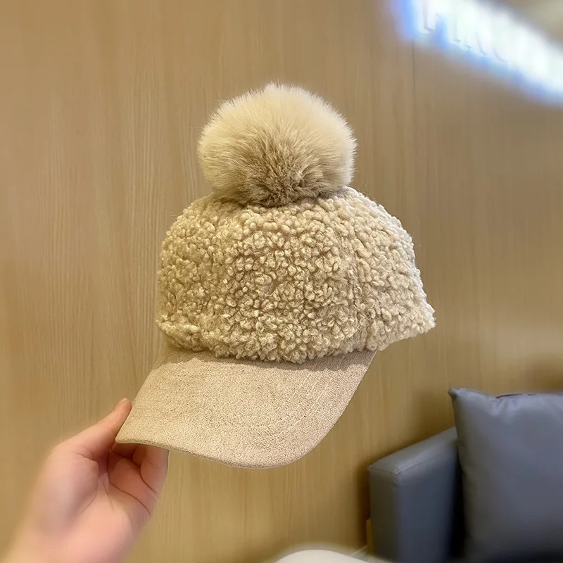 New Style Lambskin Hat Ladies Autumn and Winter Warm Wool Ball Baseball Cap Pure Color Adjustable Winter Hat