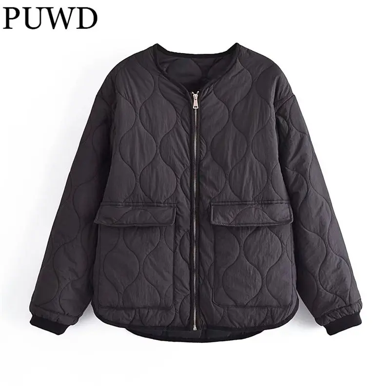 

PUWD Women Solid Quilted Parka 2021 Autumn Fashion Ladies Oversize Coat Thick O Neck Puffer Jacket Female Pocket Outerwear