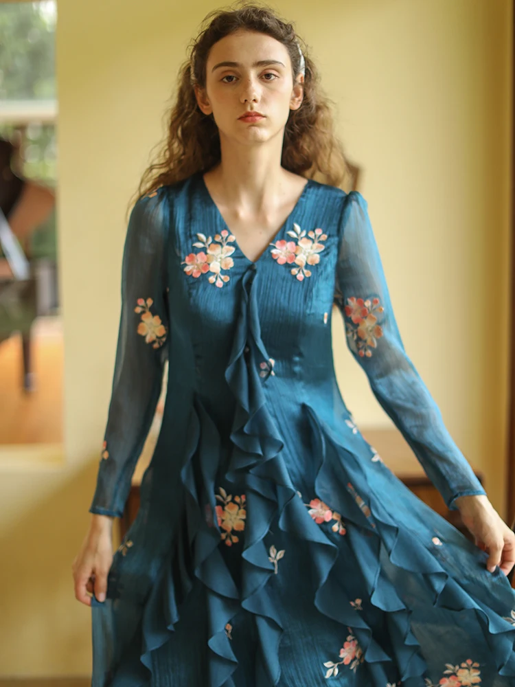 LYNETTE\'S CHINOISERIE Spring Summer New Women French Style Cottagecore Mori Girls Flower Embroidery Ruffled Chiffon Blue Dresses