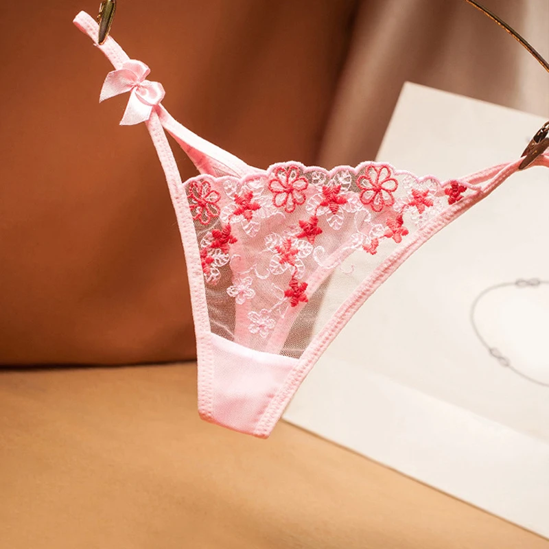 

Beautiful embroidery hollow mesh transparent thong women's sexy ultra-thin panties Thong Panties Sexy Briefs