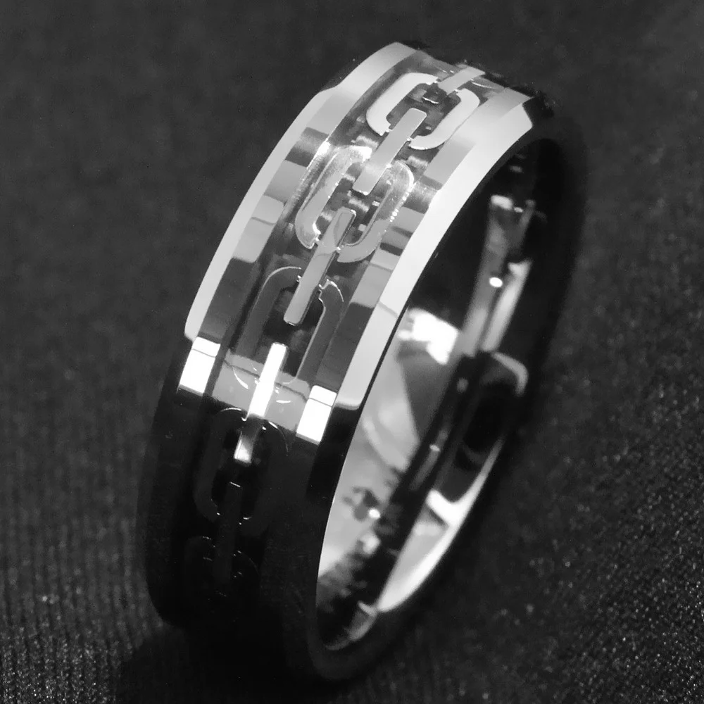 8mm Men Rings Tungsten Carbide Ring Silver Color Chain Center Anniversary Wedding Band Men Fashion Jewelry