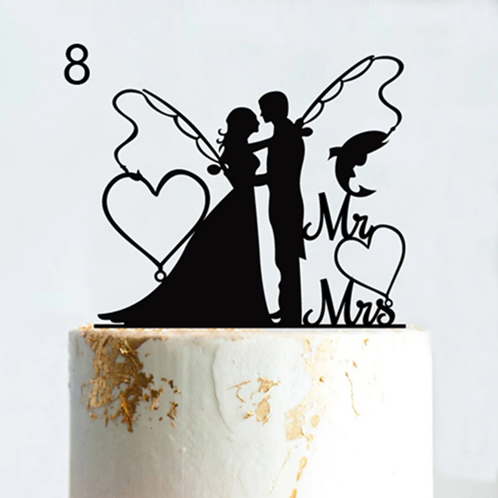 Fishing Style Wedding Cake Topper Funny Mr & Mrs Happy Birthday Hooked For Life Happy Retirement Acrylic Wooden Cake Decoration