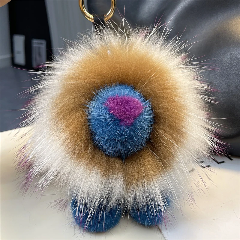 Women Bag Ornaments Real Mink Fur Lion Keychain Cute Plush Toy Pendant Car Keyrings Hanging Chain Highend Rearview Mirror Gift