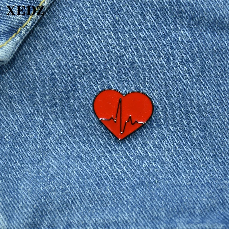 Red Heart-shaped Enamel Pins pulse beating romantic metal badge shirt punk jewelry lapel brooch simple pin gift for friends