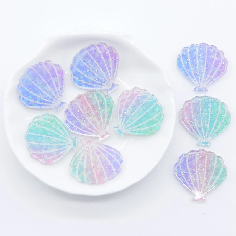 10Pcs 25*24mm Bling Rainbow Shell Resin Ocean Flat Back Print Acrylic DIY Baby Headwear Hair Clips Bow Ornament Accessories