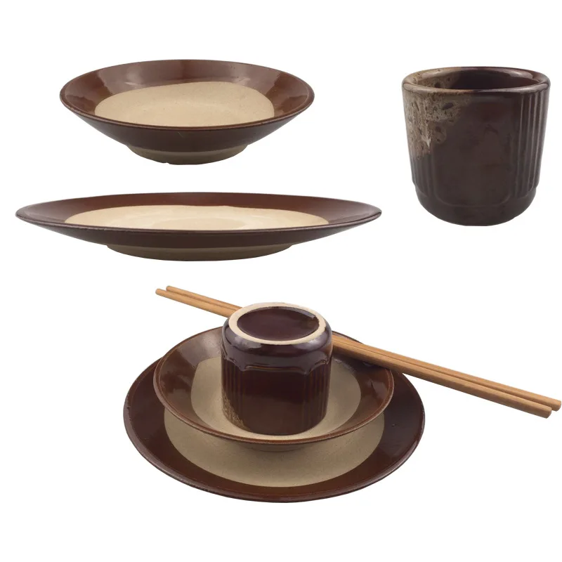 Retro earthenware bowls and tableware dining table set hotpot oil dish peasant steamer wine bowl cup bag